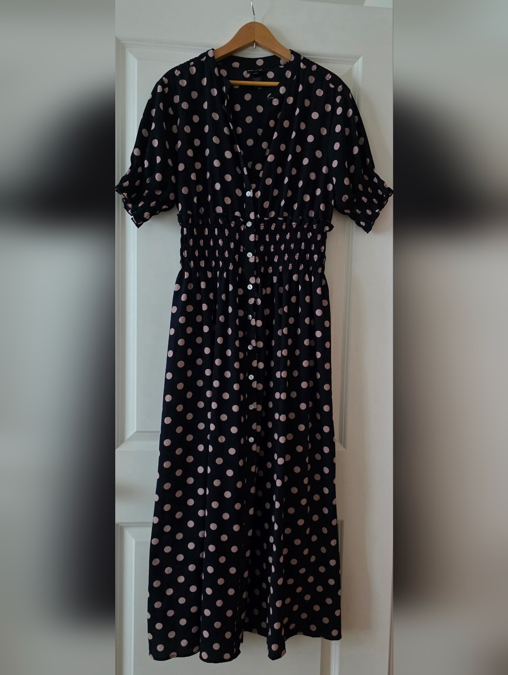 Kate & Lily Preppy Polka Dot Midi Dress Smocked Navy Cream Button Front Womens 8